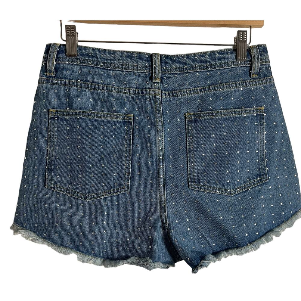 Superdown Kierra Rhinestone High Waist Raw Hem Denim Blue Jean Shorts Size M - Picture 9 of 10